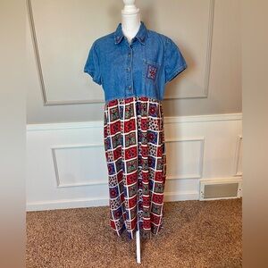 Vintage 90s Denim dress XL Bobbie Brooks patchwork skirt embroidered jean boho